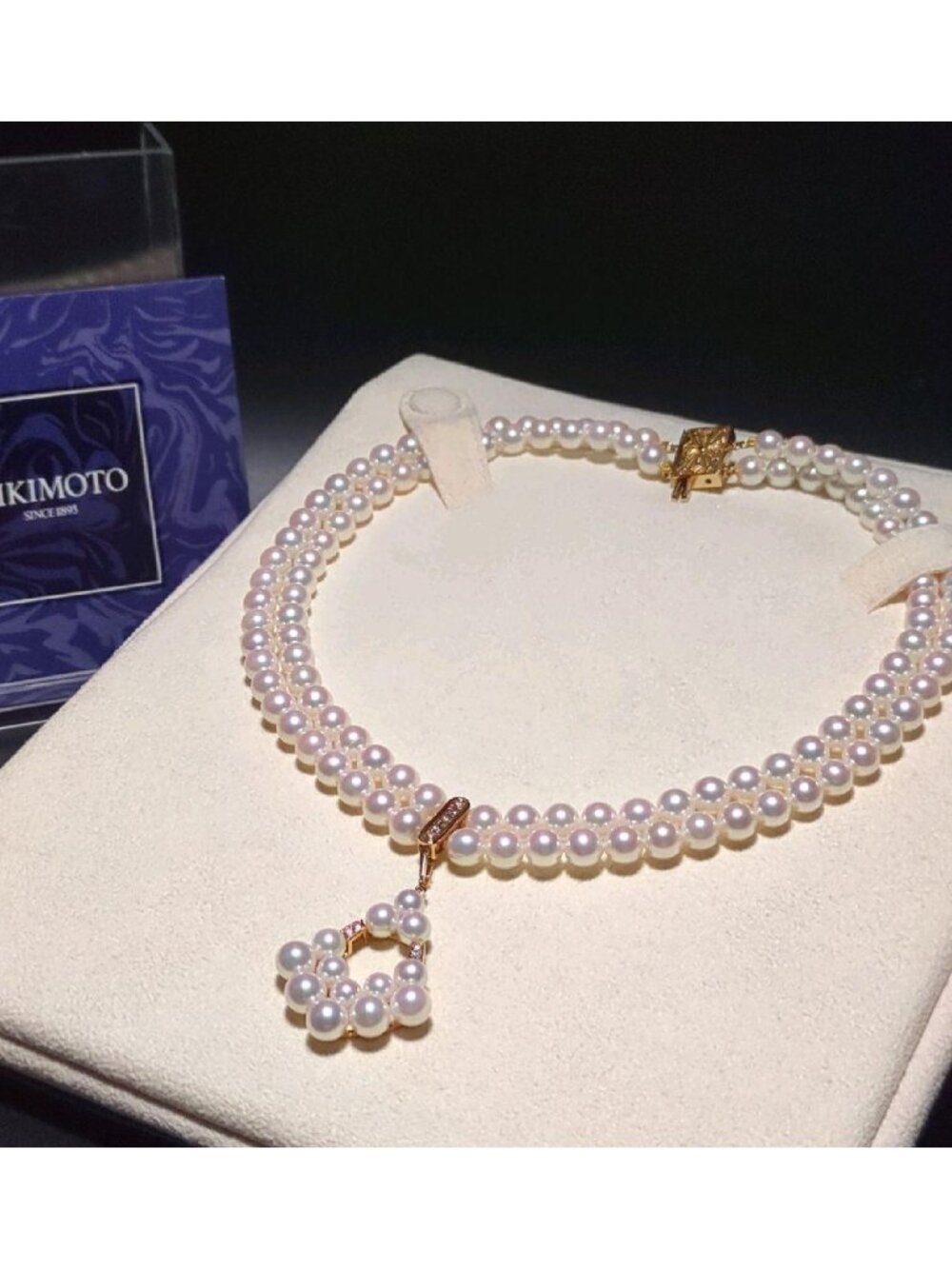 Mikimoto 6-6.44mm 2 double strand akoya diamond necklace w/pendant Gold18k case